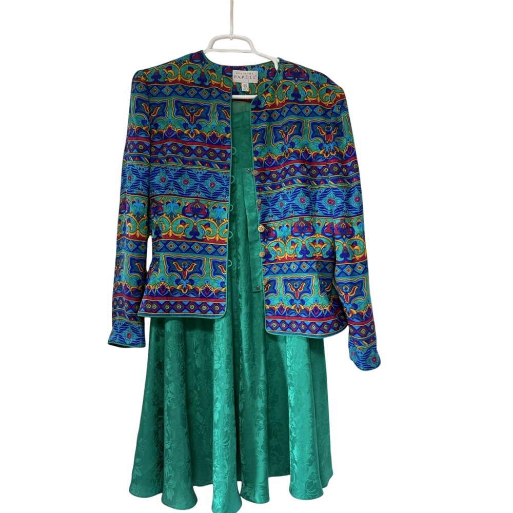 VTG Adrianna Papell Jacket with Skirt Set 100% Silk Swing Skirt Green Pink Gold